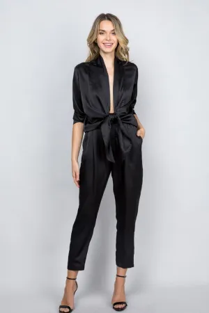 * SATIN OPEN FRONT JUMPSUIT BLACK