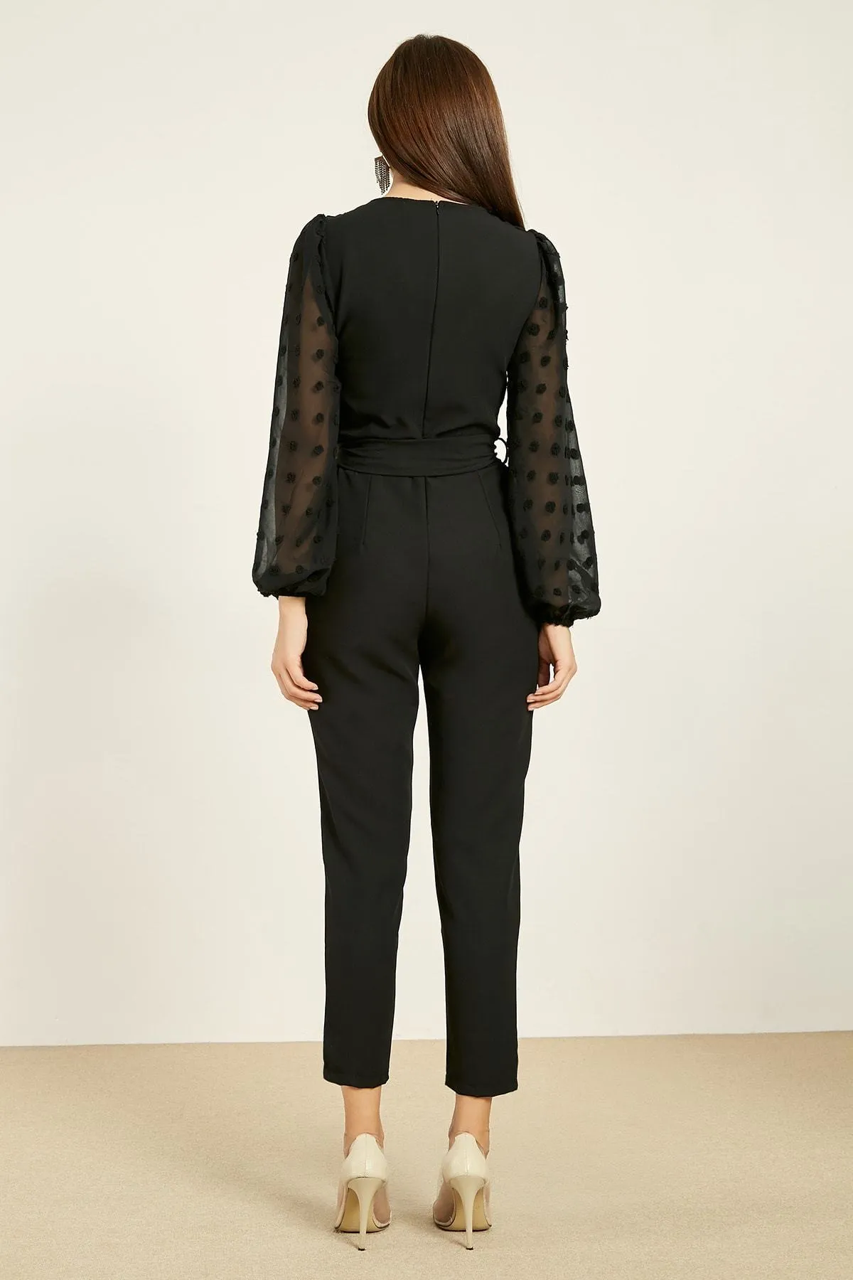 16128 Black Patterned Chiffon Sleeve Jumpsuit