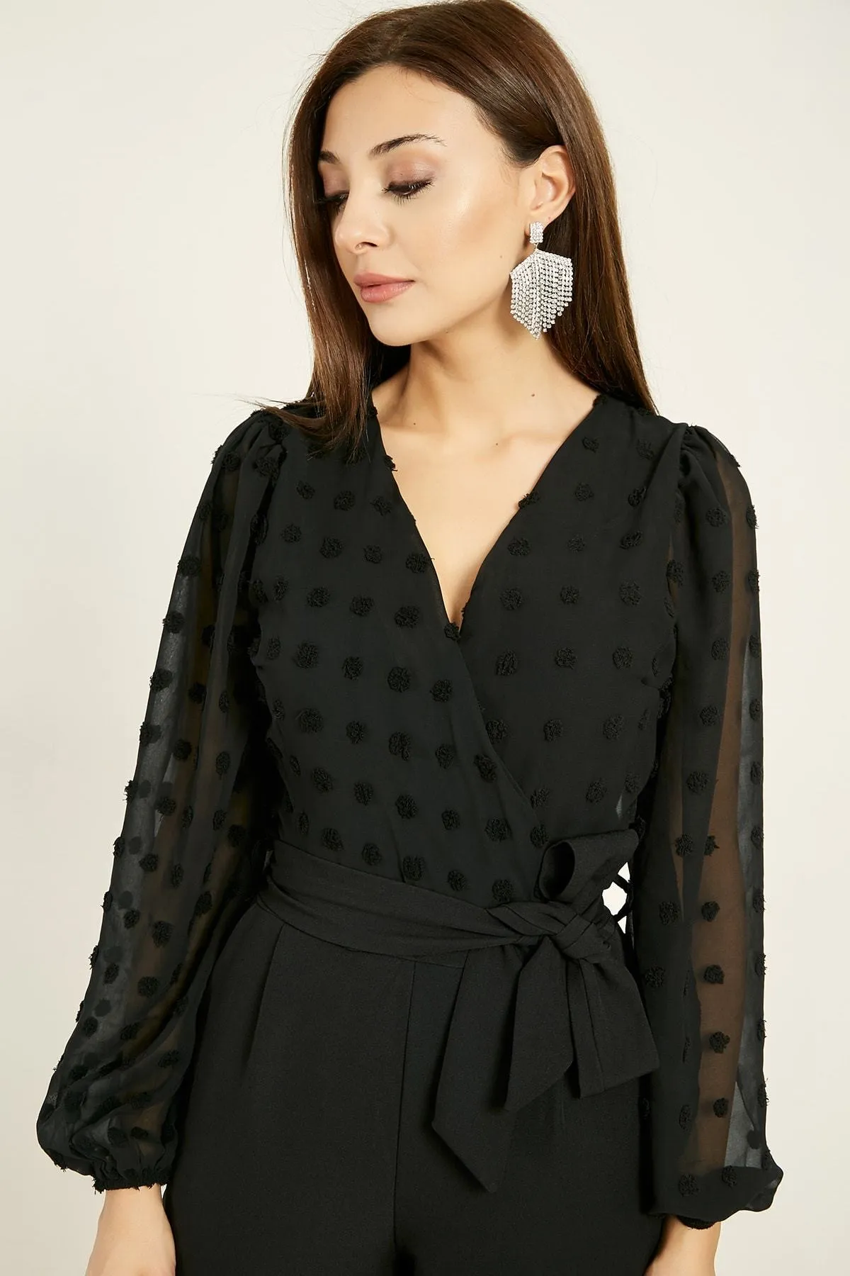 16128 Black Patterned Chiffon Sleeve Jumpsuit