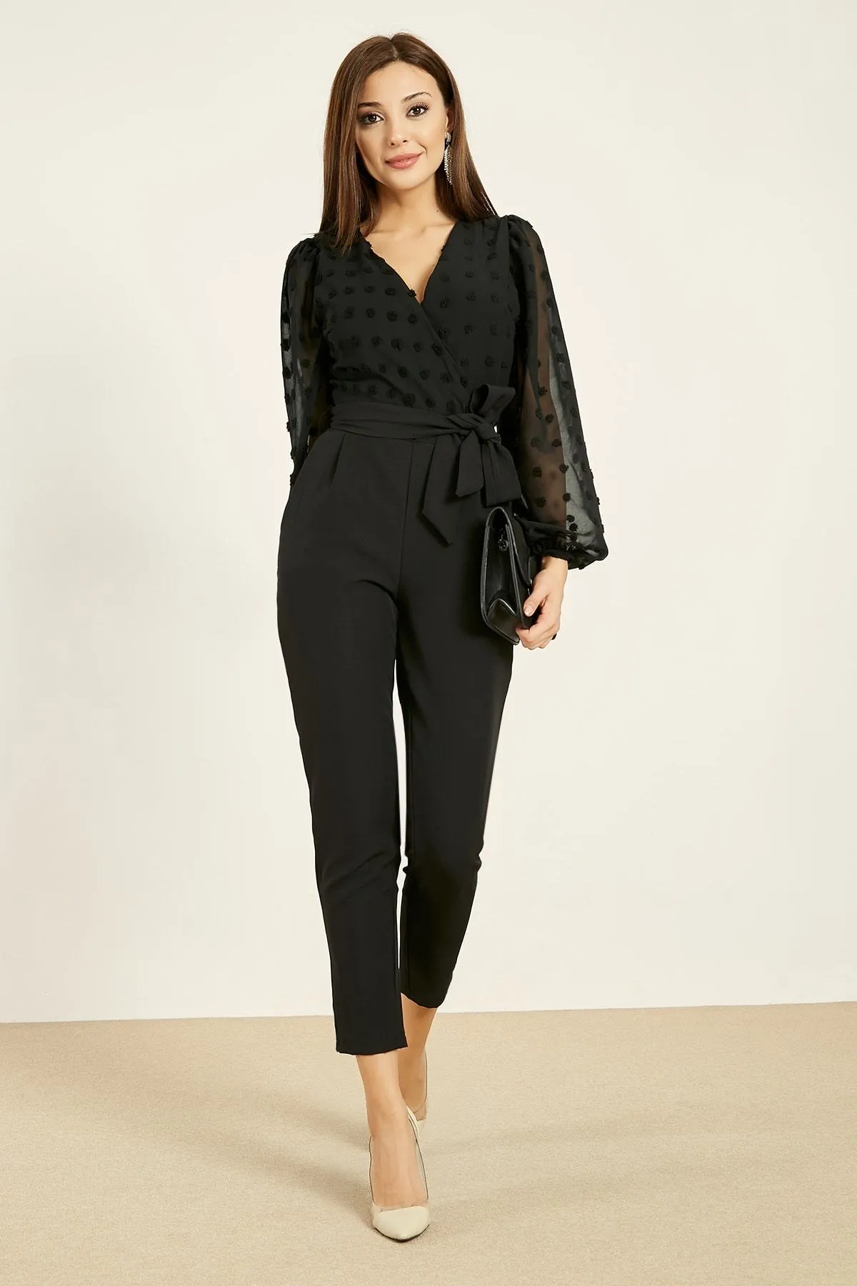 16128 Black Patterned Chiffon Sleeve Jumpsuit
