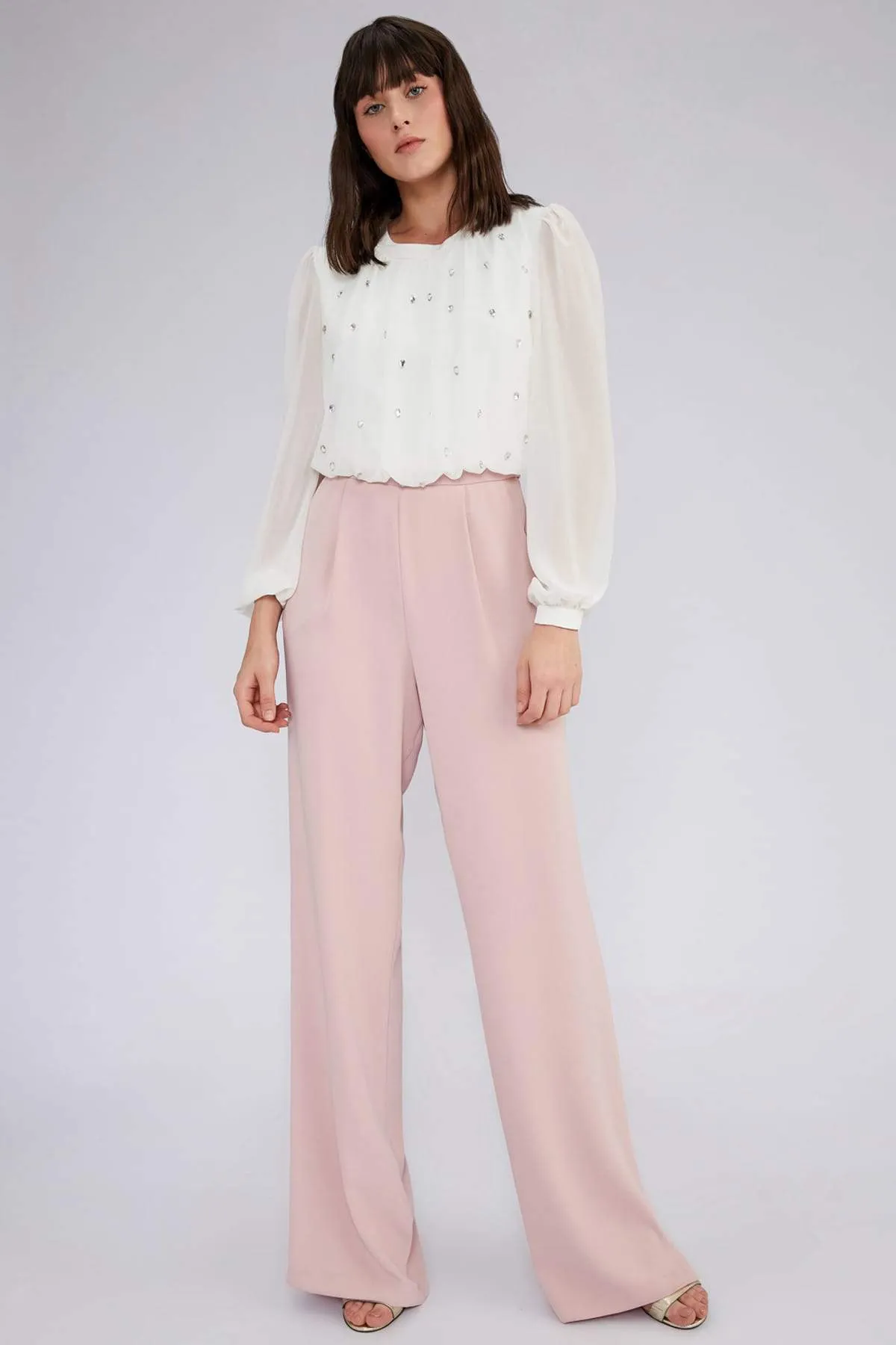 16247 Pink-Ecru Stone Embroidered Chiffon Top Jumpsuit