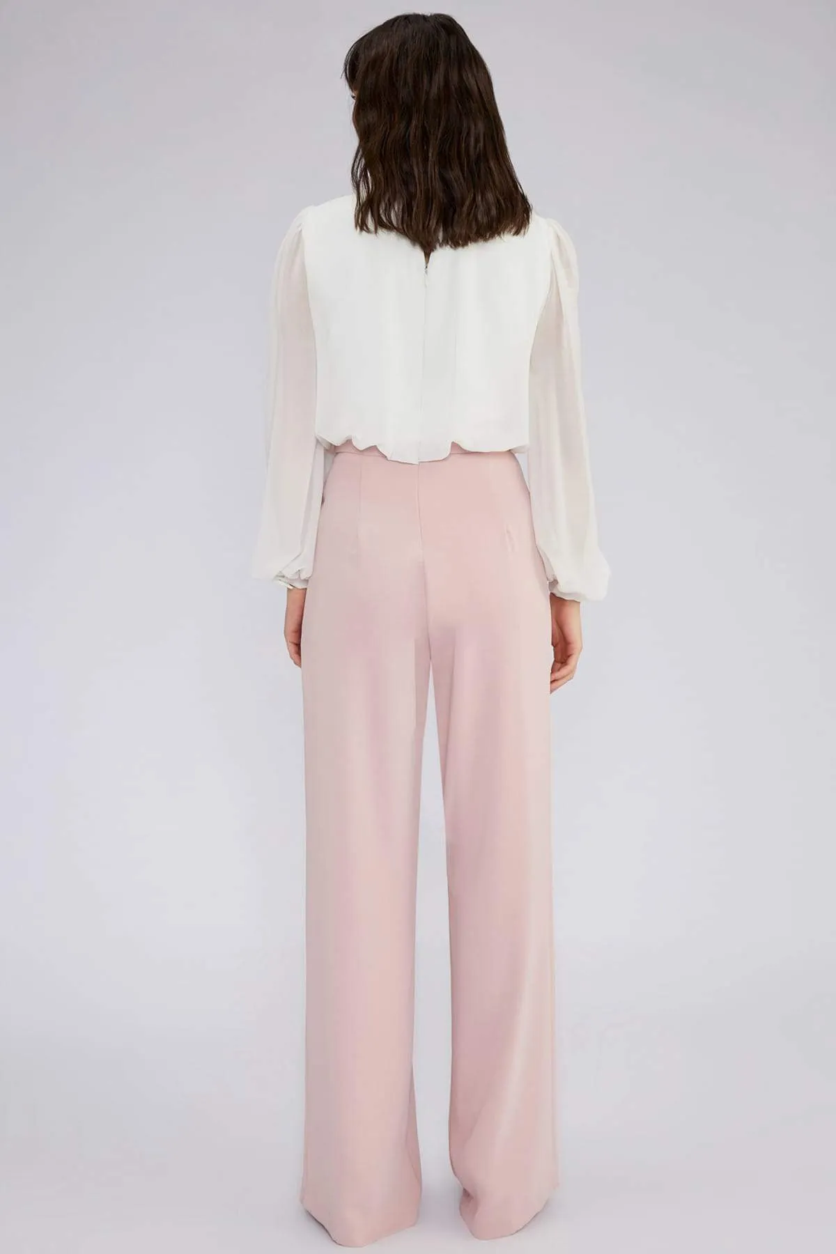 16247 Pink-Ecru Stone Embroidered Chiffon Top Jumpsuit