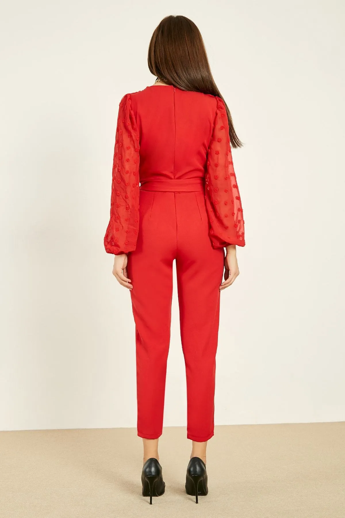 16255 Red Balloon Chiffon Sleeve Jumpsuit