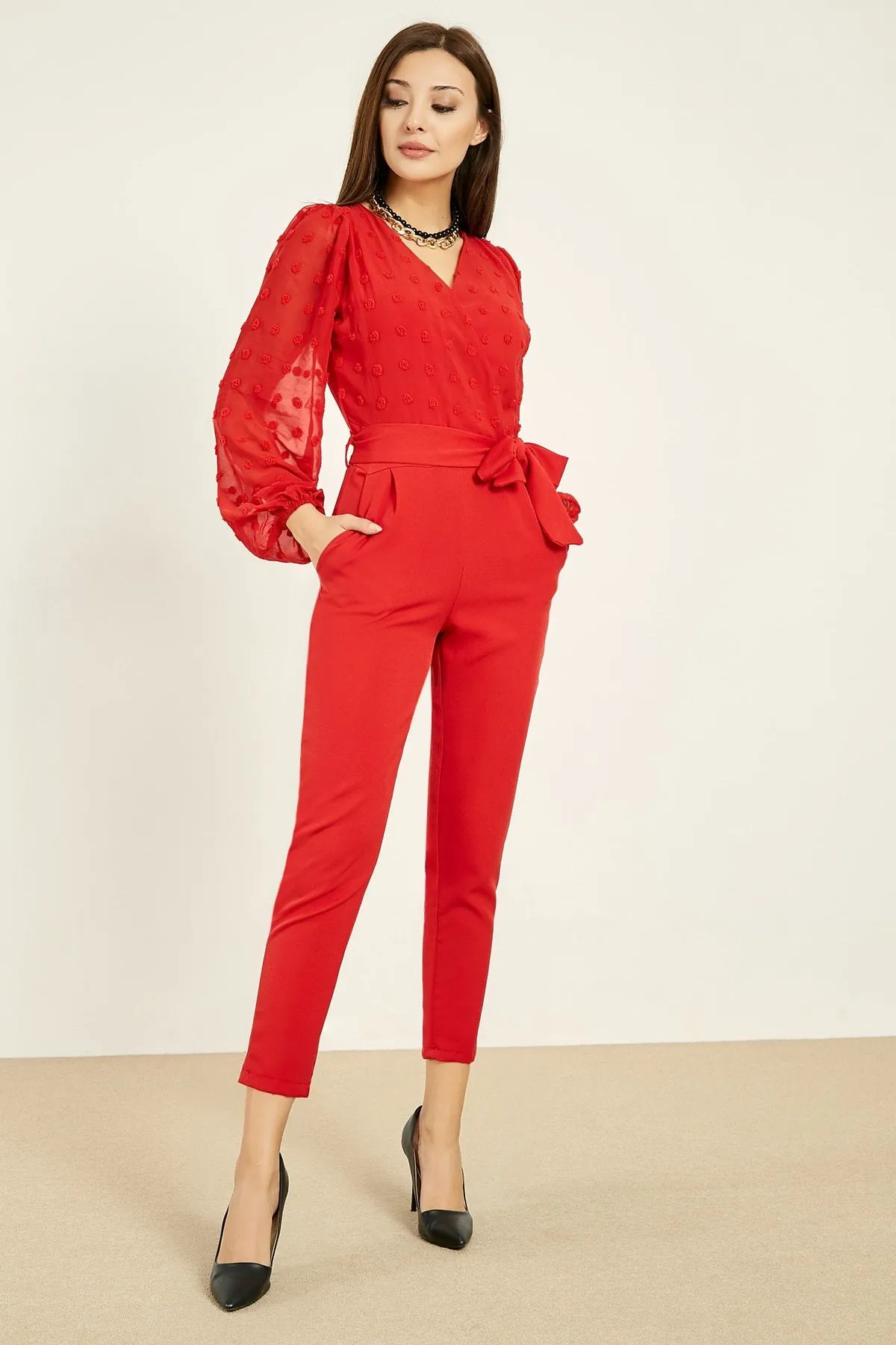 16255 Red Balloon Chiffon Sleeve Jumpsuit
