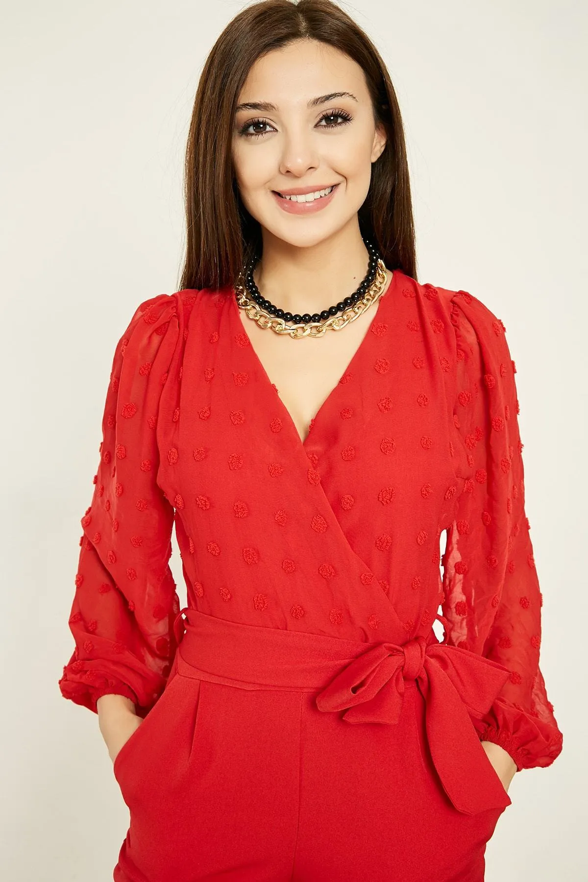 16255 Red Balloon Chiffon Sleeve Jumpsuit