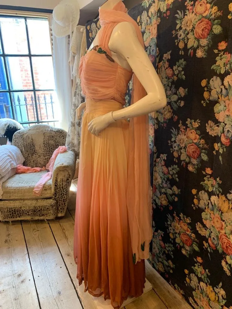 1950s chiffon dip dye peach dress