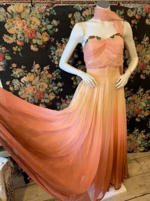 1950s chiffon dip dye peach dress