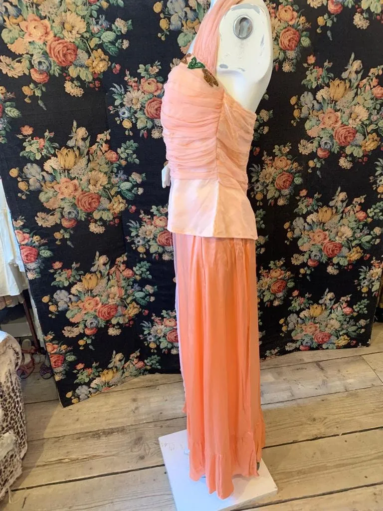 1950s chiffon dip dye peach dress