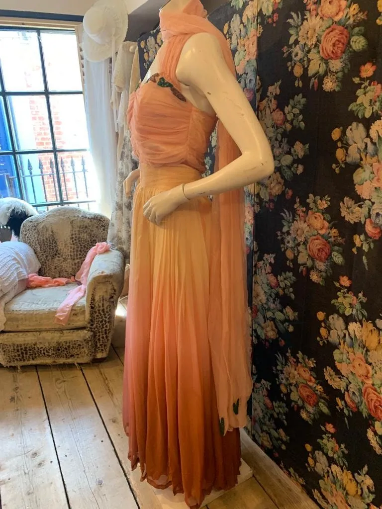 1950s chiffon dip dye peach dress