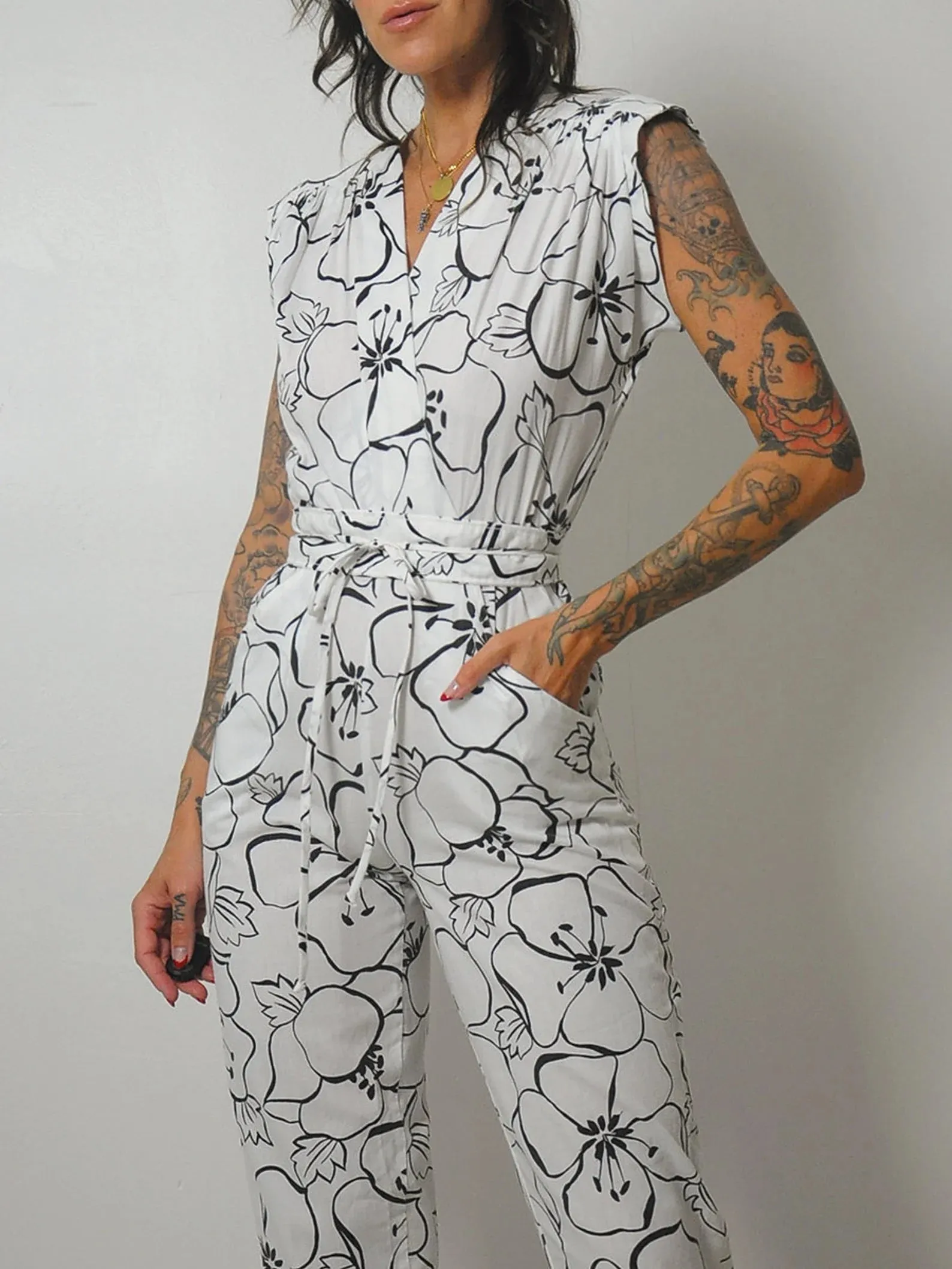 1980's Black Floral Pocket Wrap Jumpsuit