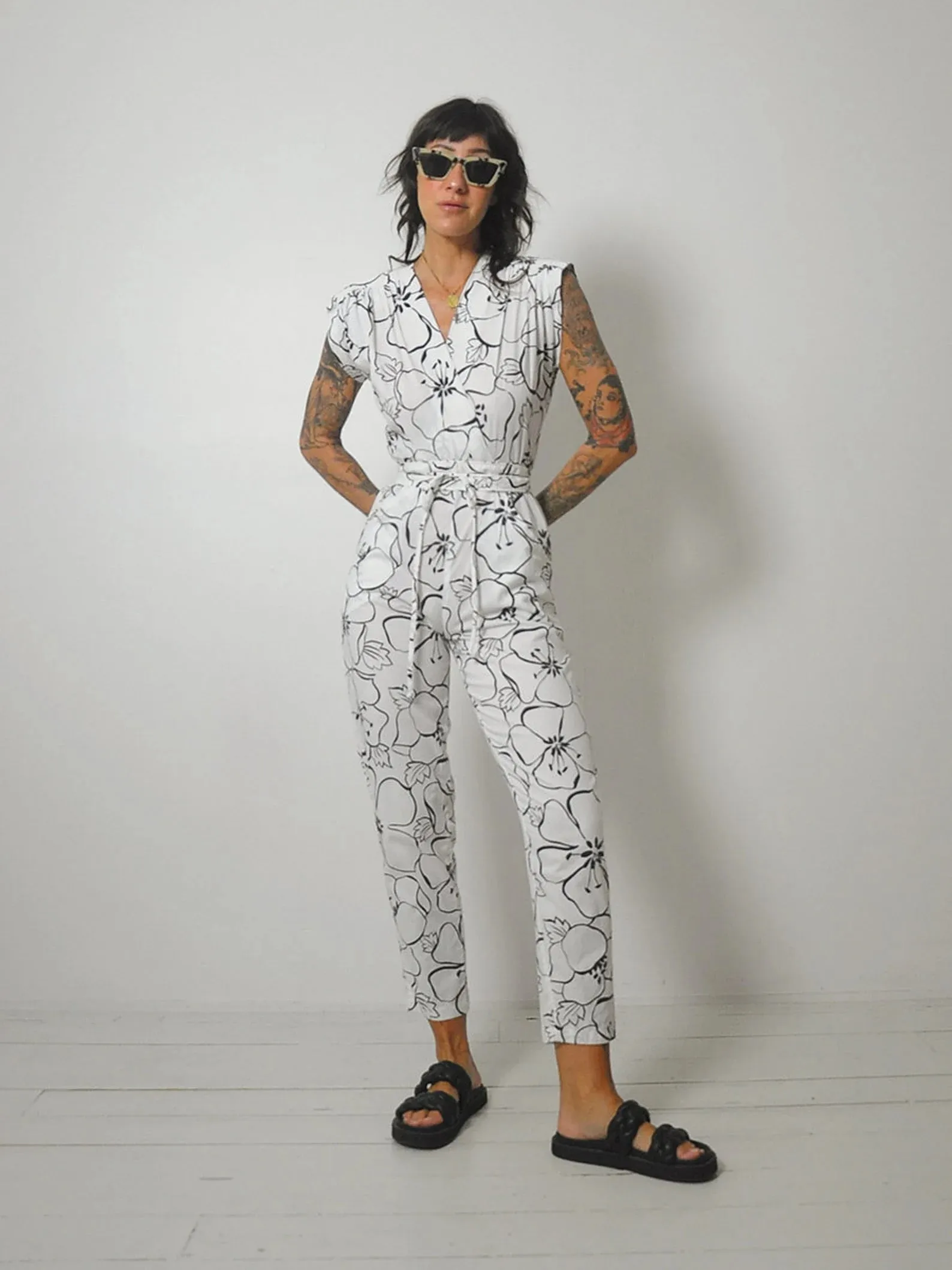 1980's Black Floral Pocket Wrap Jumpsuit