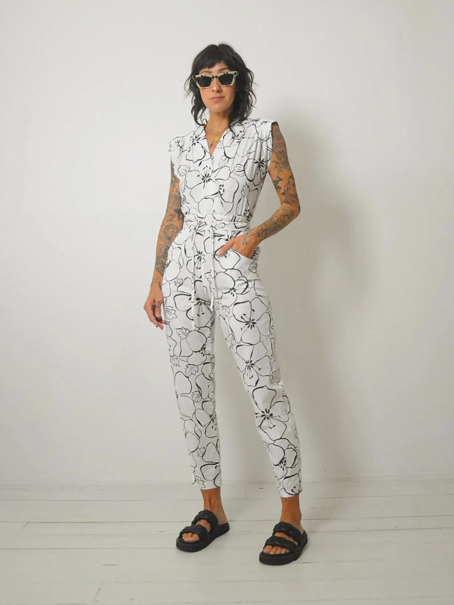 1980's Black Floral Pocket Wrap Jumpsuit