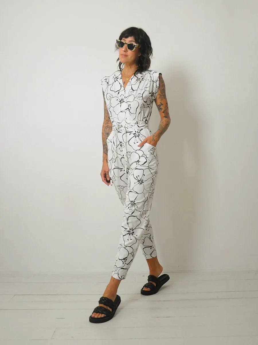 1980's Black Floral Pocket Wrap Jumpsuit