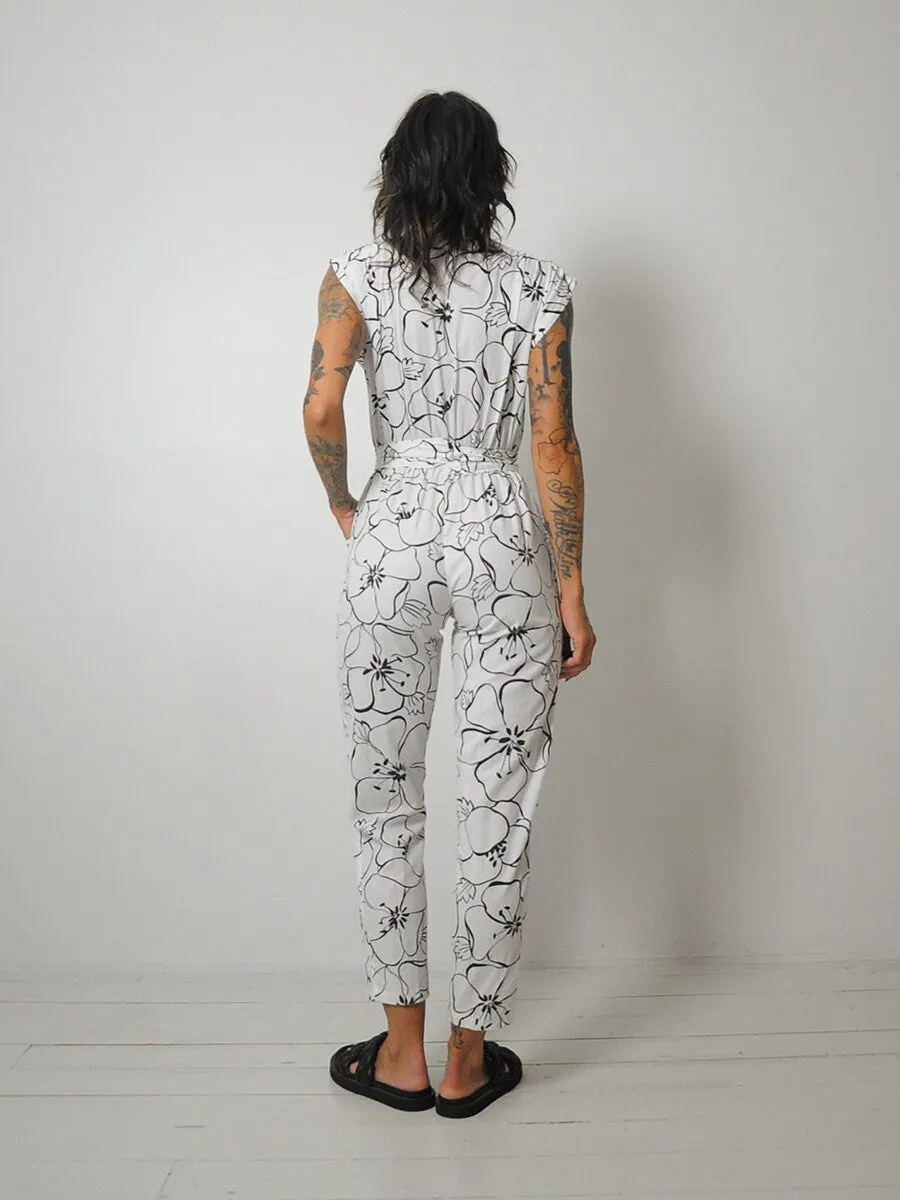 1980's Black Floral Pocket Wrap Jumpsuit