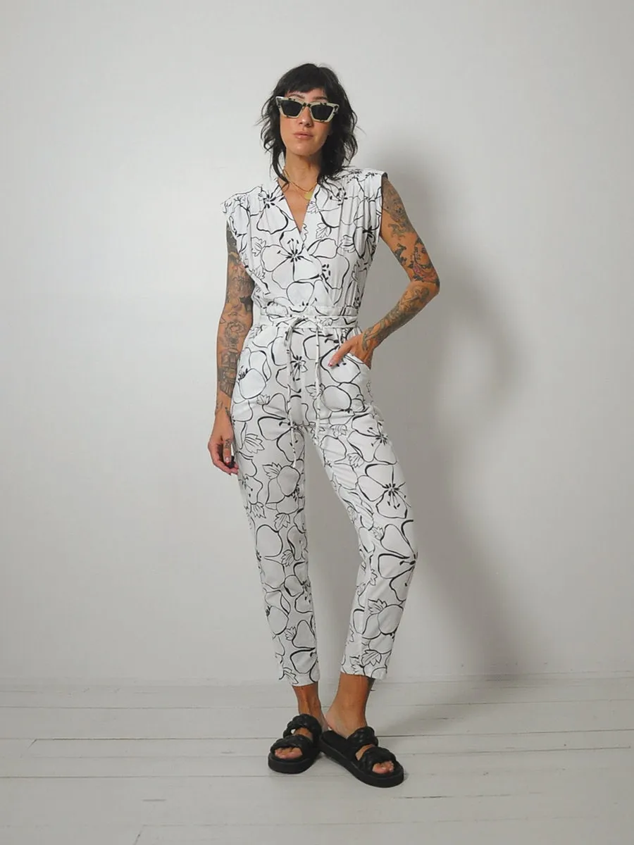 1980's Black Floral Pocket Wrap Jumpsuit