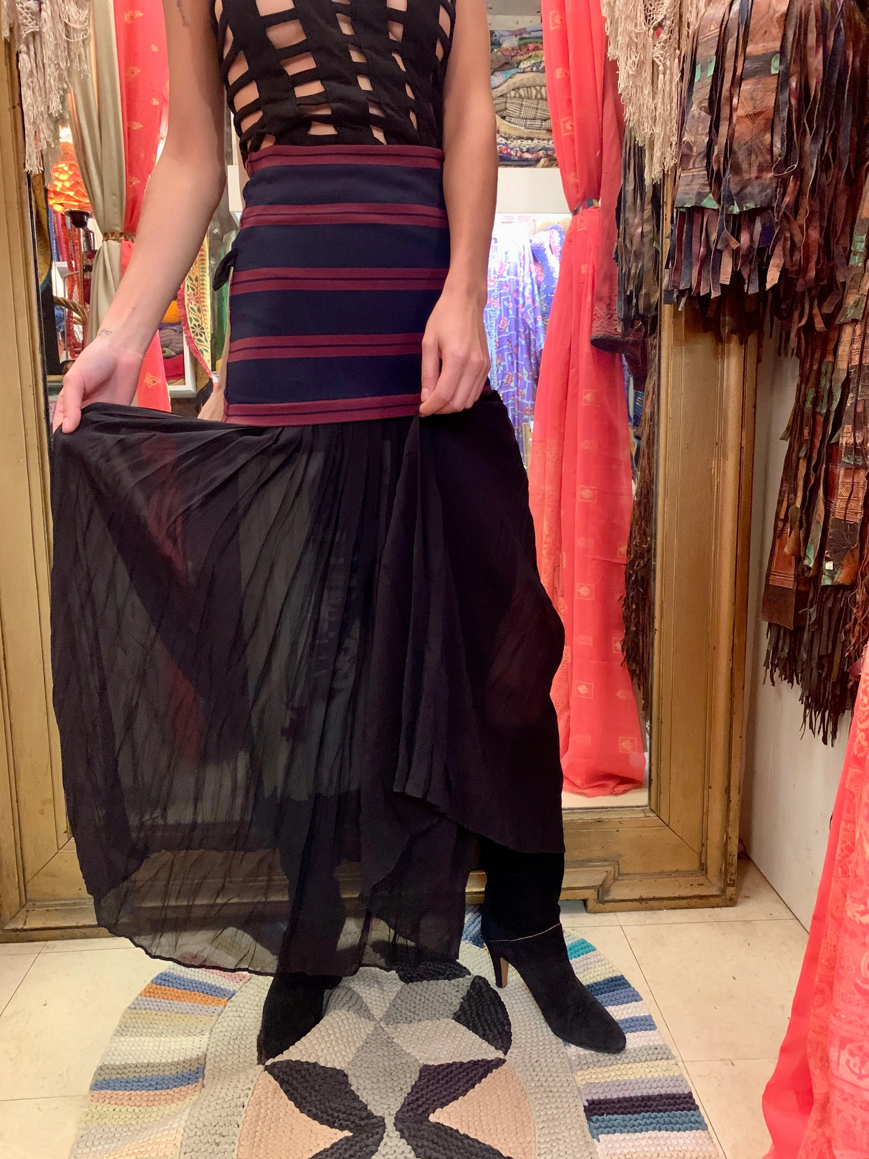 1990s-2000s Gaultier Pleated Silk Skirt with Striped Waistband