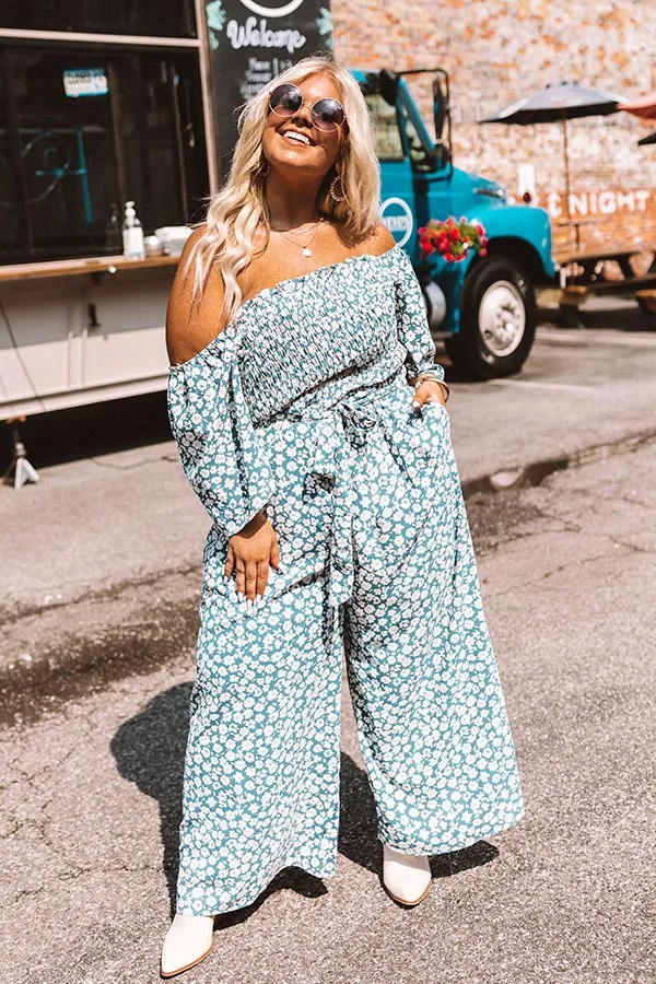 Always Dreaming Smocked Jumpsuit in Teal Curves