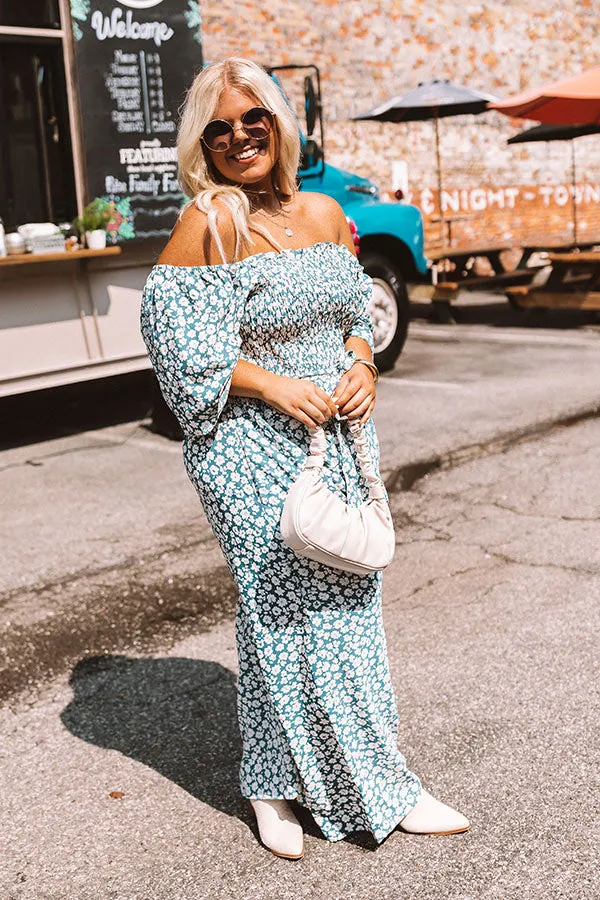 Always Dreaming Smocked Jumpsuit in Teal Curves