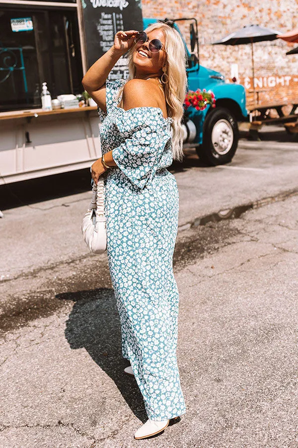 Always Dreaming Smocked Jumpsuit in Teal Curves