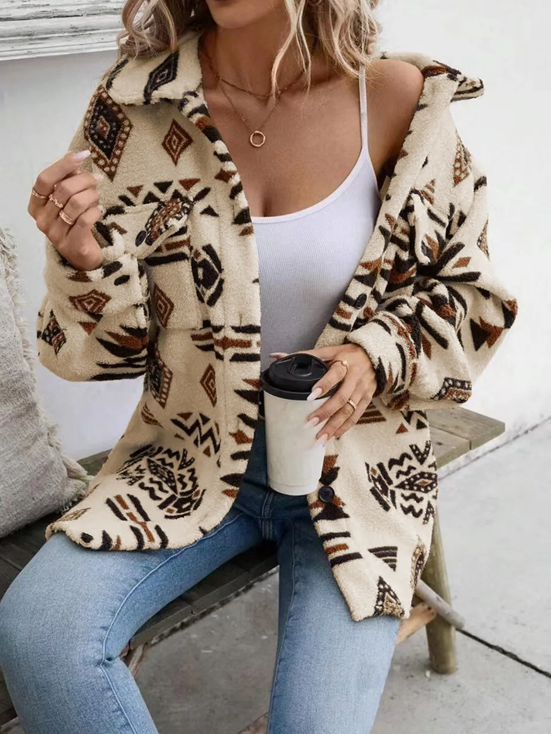 Aztec Button Up Dropped Shoulder Jacket