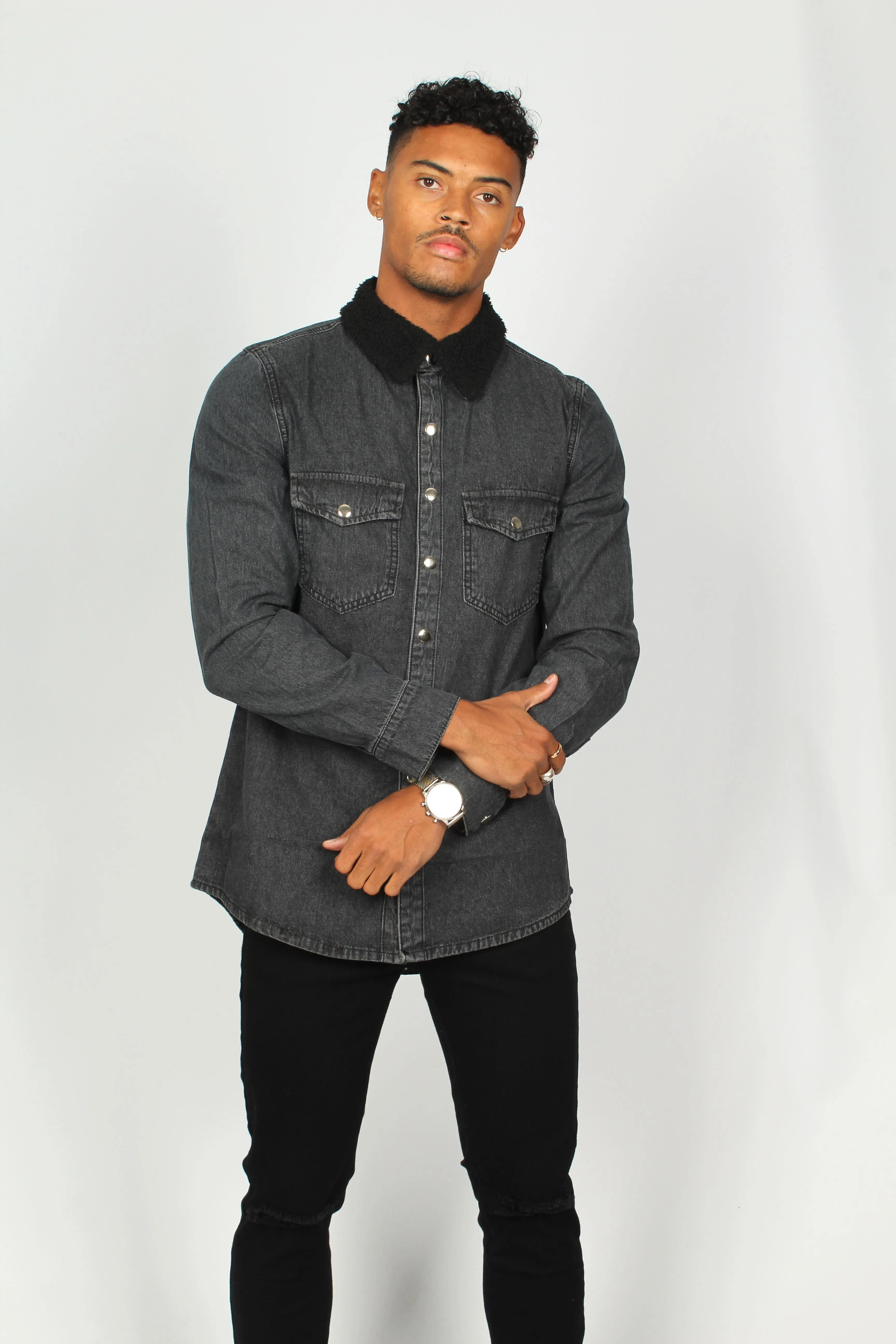Black Denim Shirt With Borg Collar