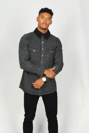 Black Denim Shirt With Borg Collar