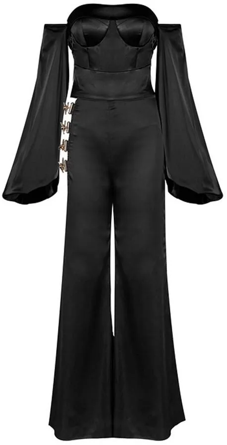 Black Off-the-Shoulder Metal-Hook-Embellished Jumpsuit