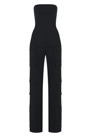 BLACK STRAPLESS POCKET DETAILED CANVAS CARGO JUMPSUIT