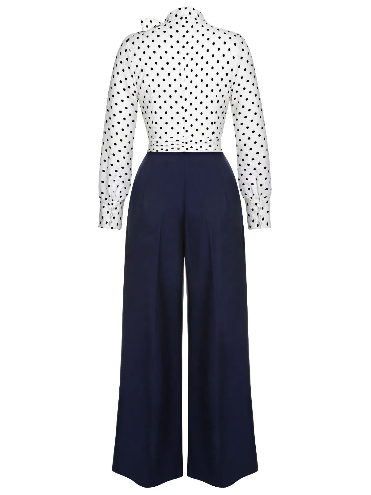 Blue & White 1930s Polka Dots Tie Neck Jumpsuit