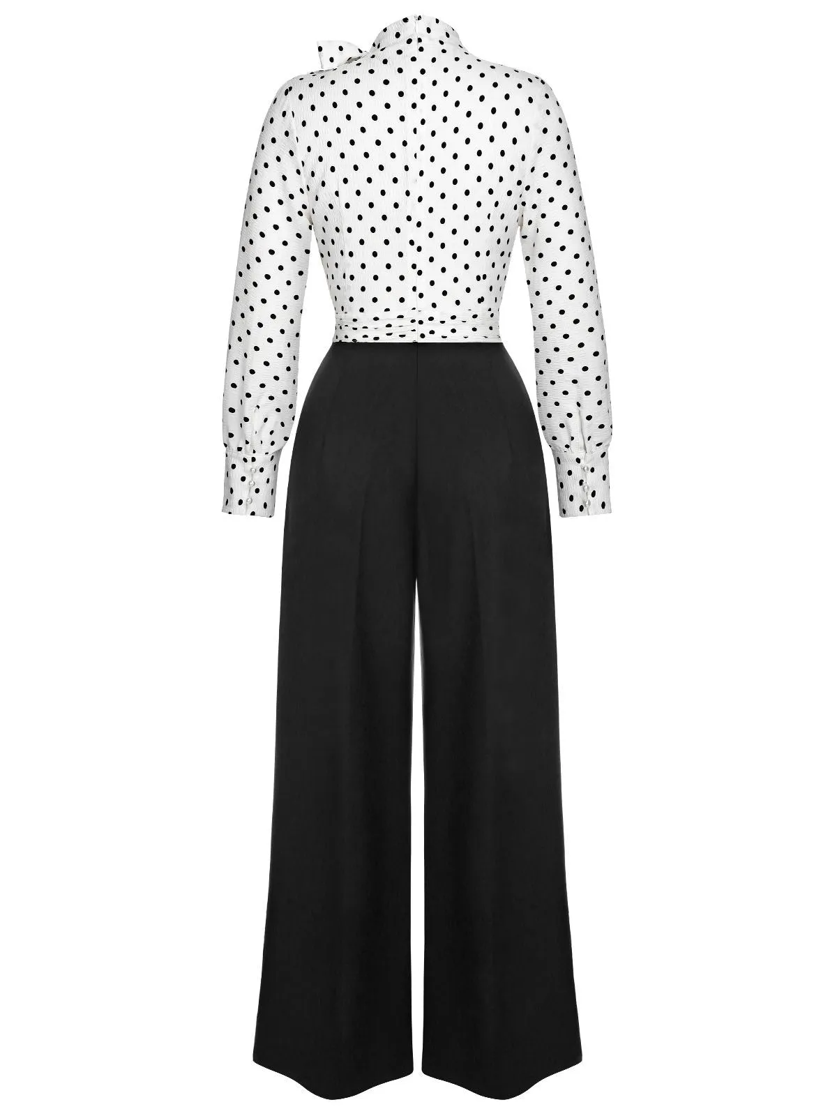 Blue & White 1930s Polka Dots Tie Neck Jumpsuit