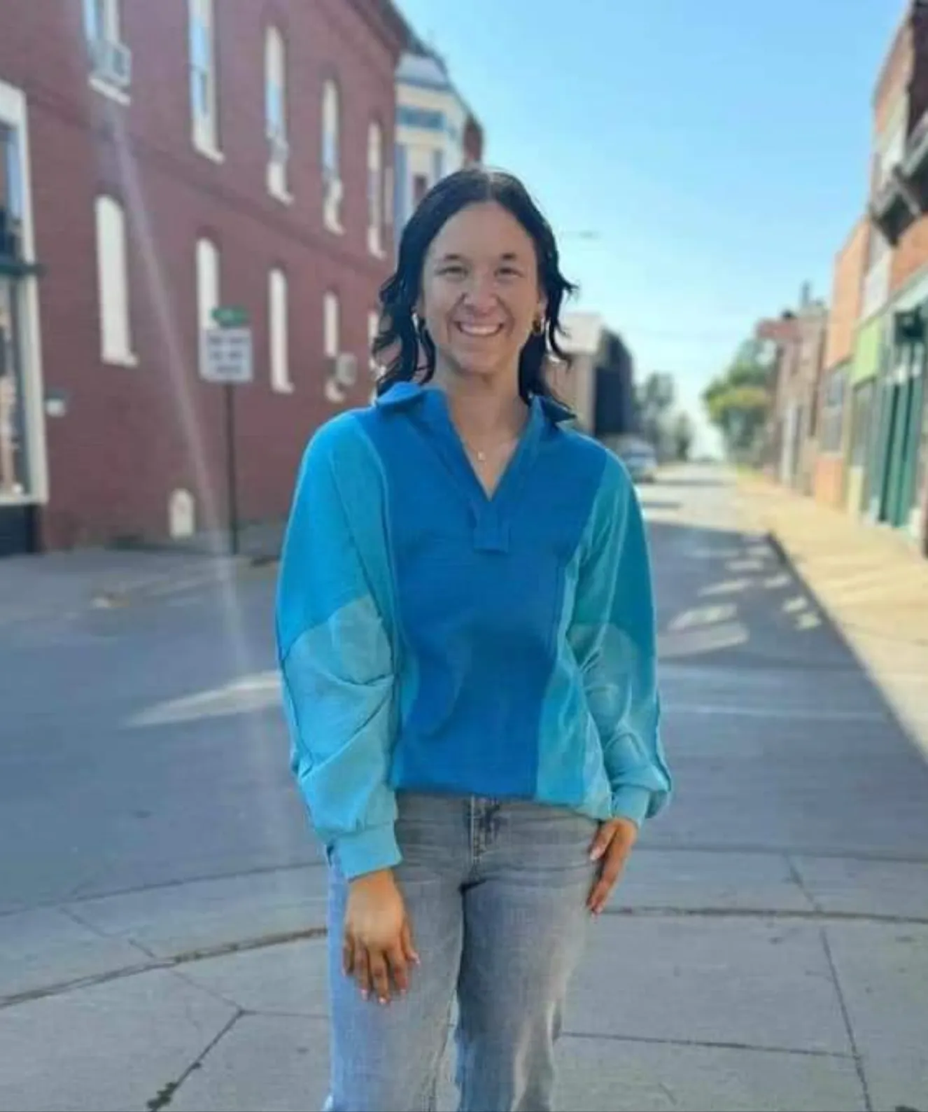 Blue Colorblock Thermal Oversized Top