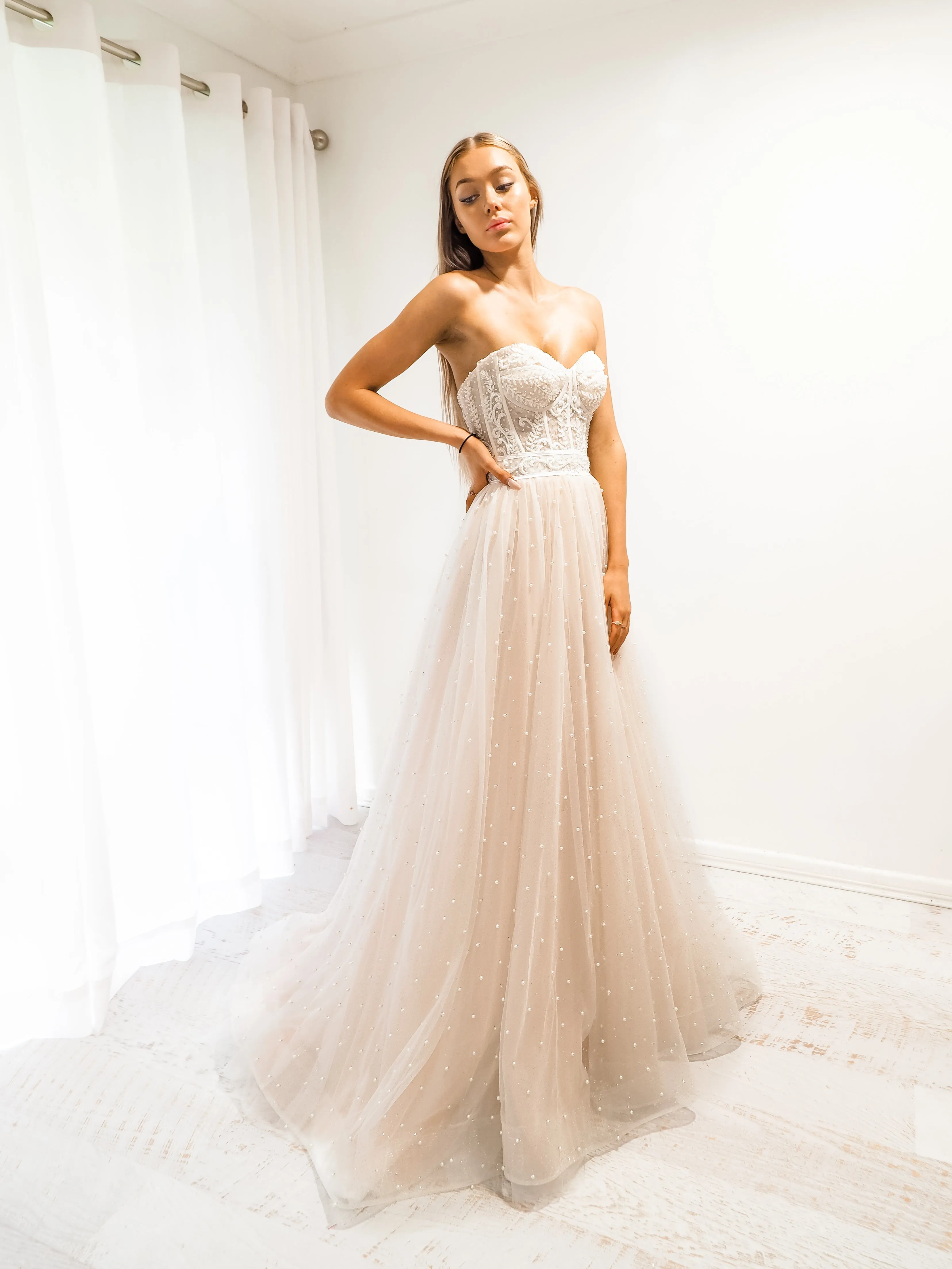 Blush tulle bustier corset dress for hire