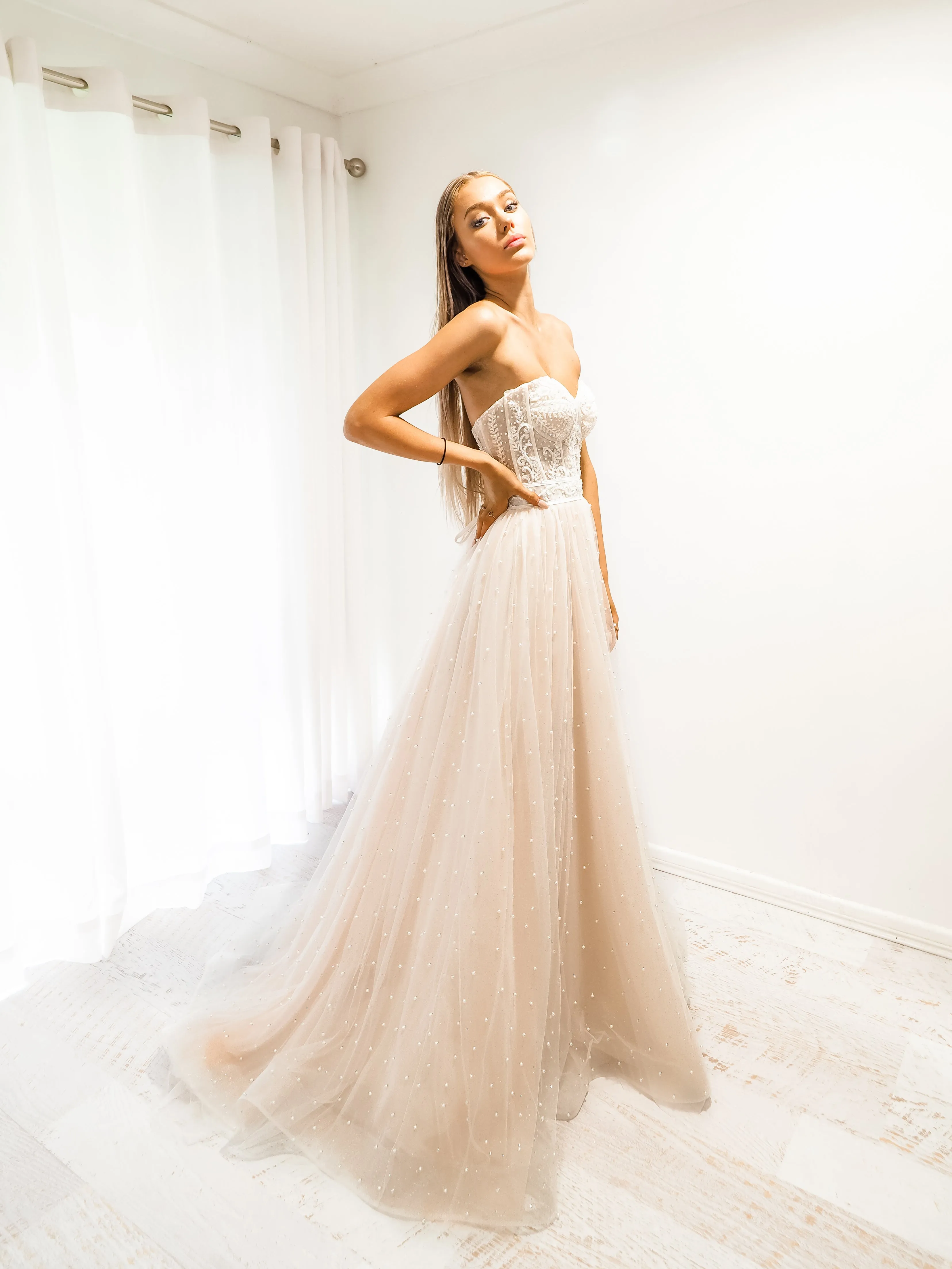 Blush tulle bustier corset dress for hire