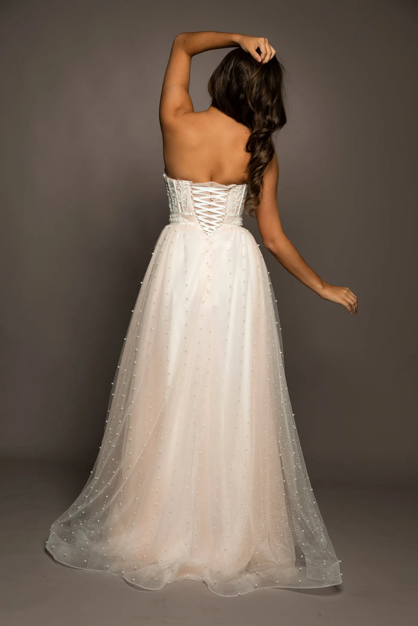 Blush tulle bustier corset dress for hire