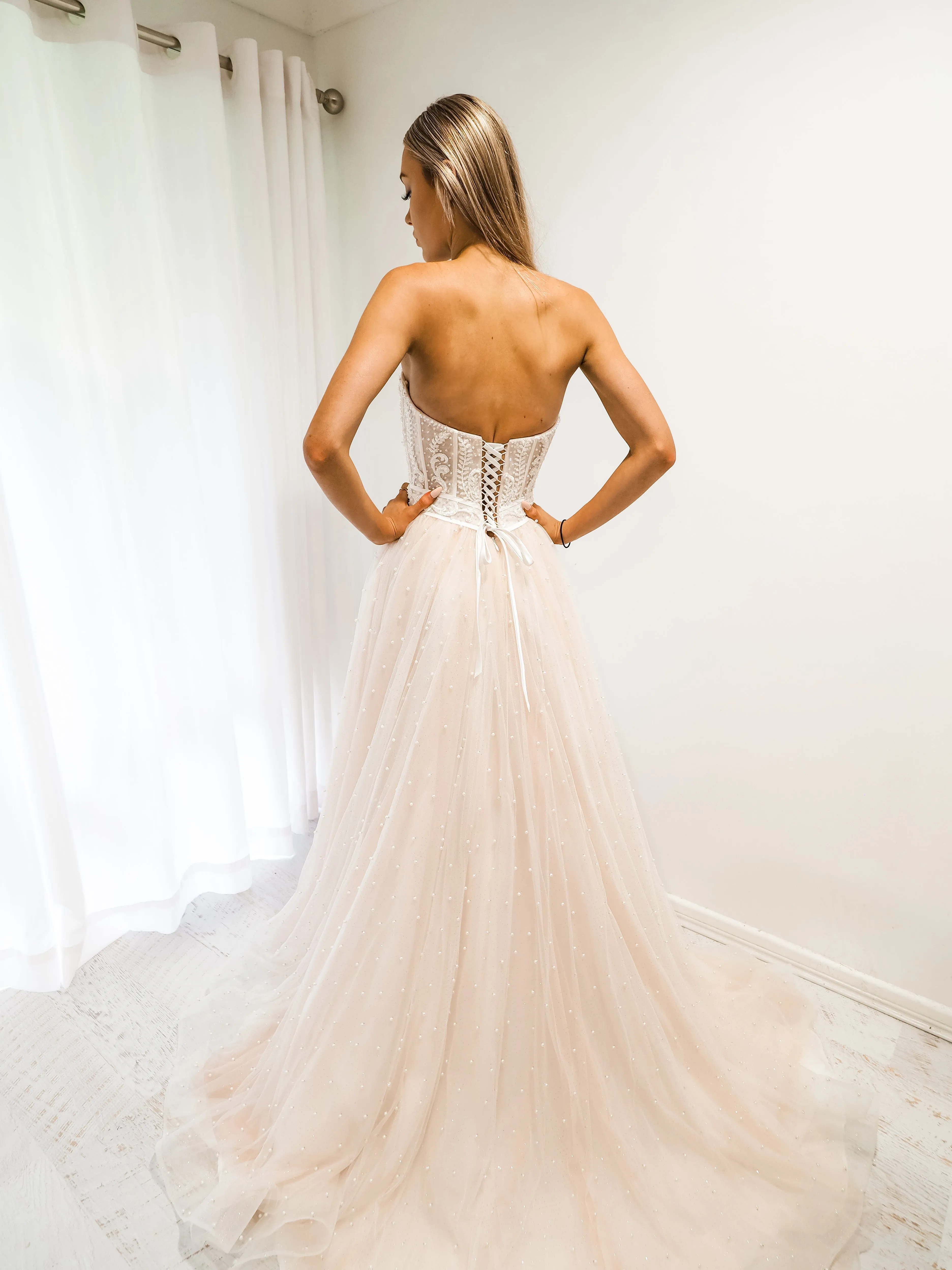 Blush tulle bustier corset dress for hire
