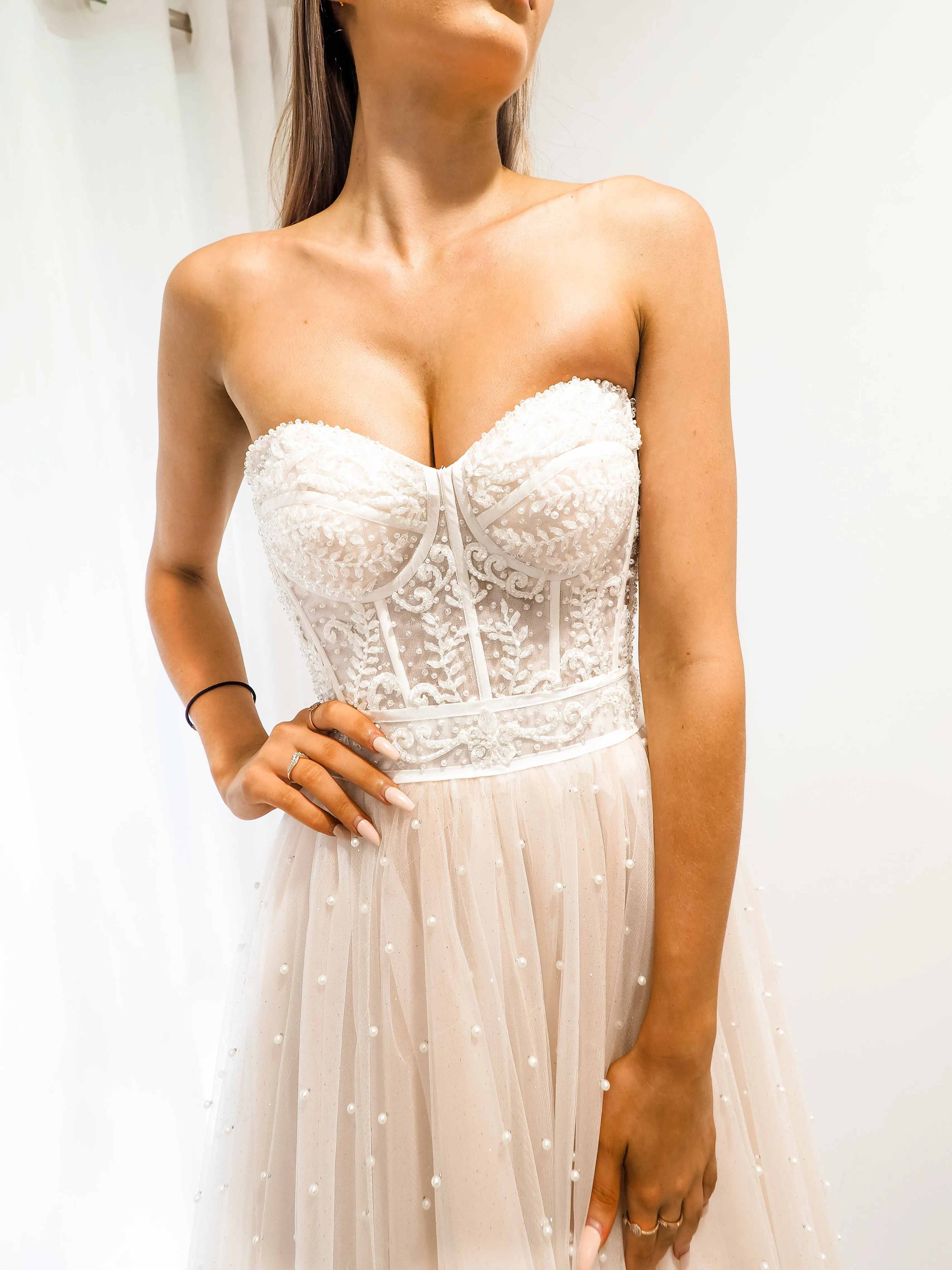 Blush tulle bustier corset dress for hire