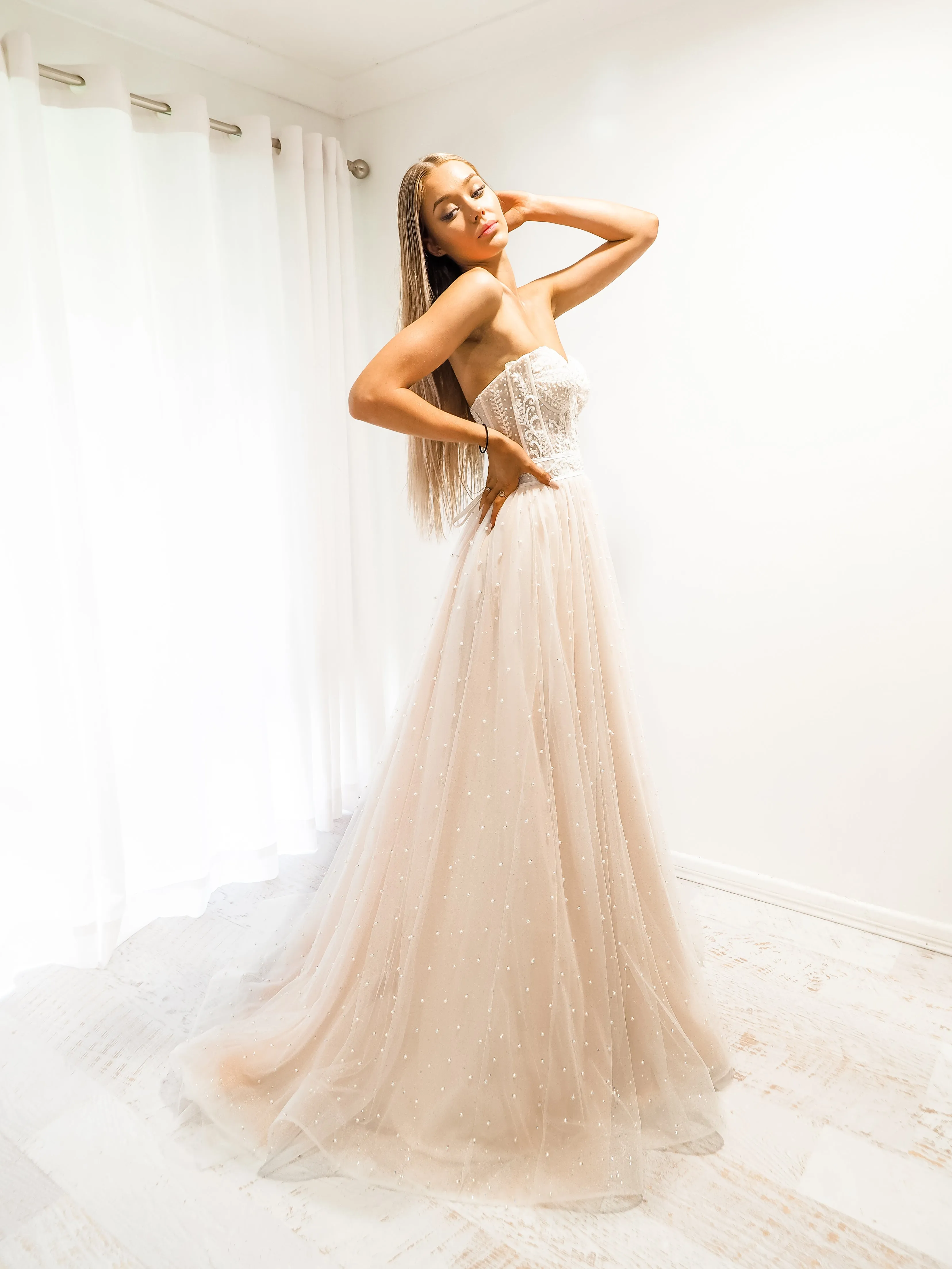 Blush tulle bustier corset dress for hire