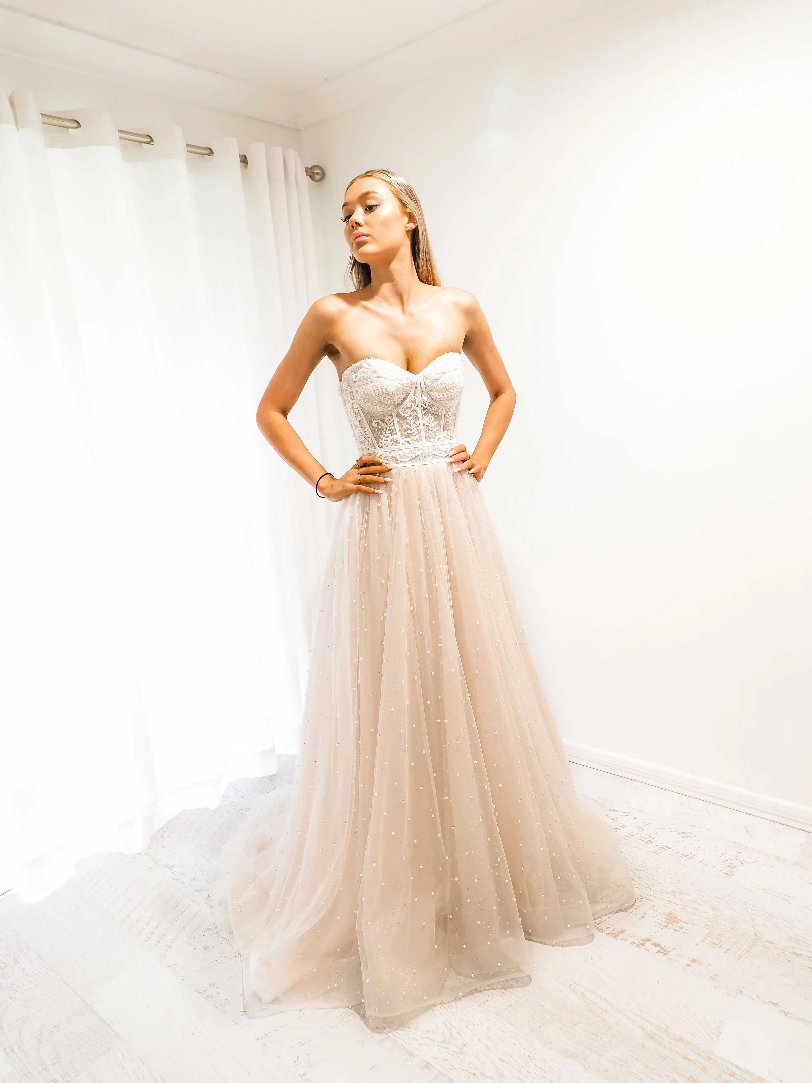 Blush tulle bustier corset dress for hire