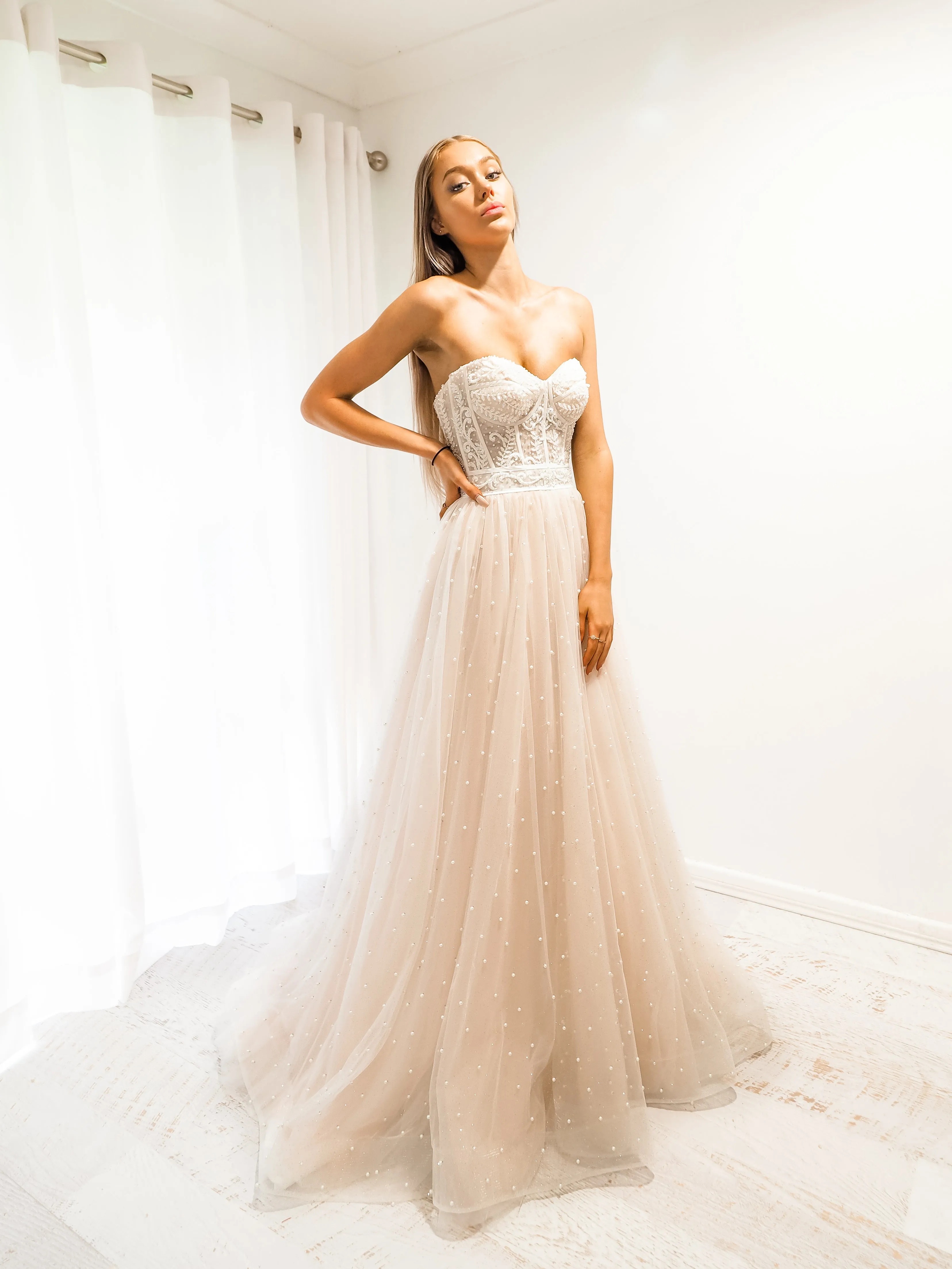 Blush tulle bustier corset dress for hire