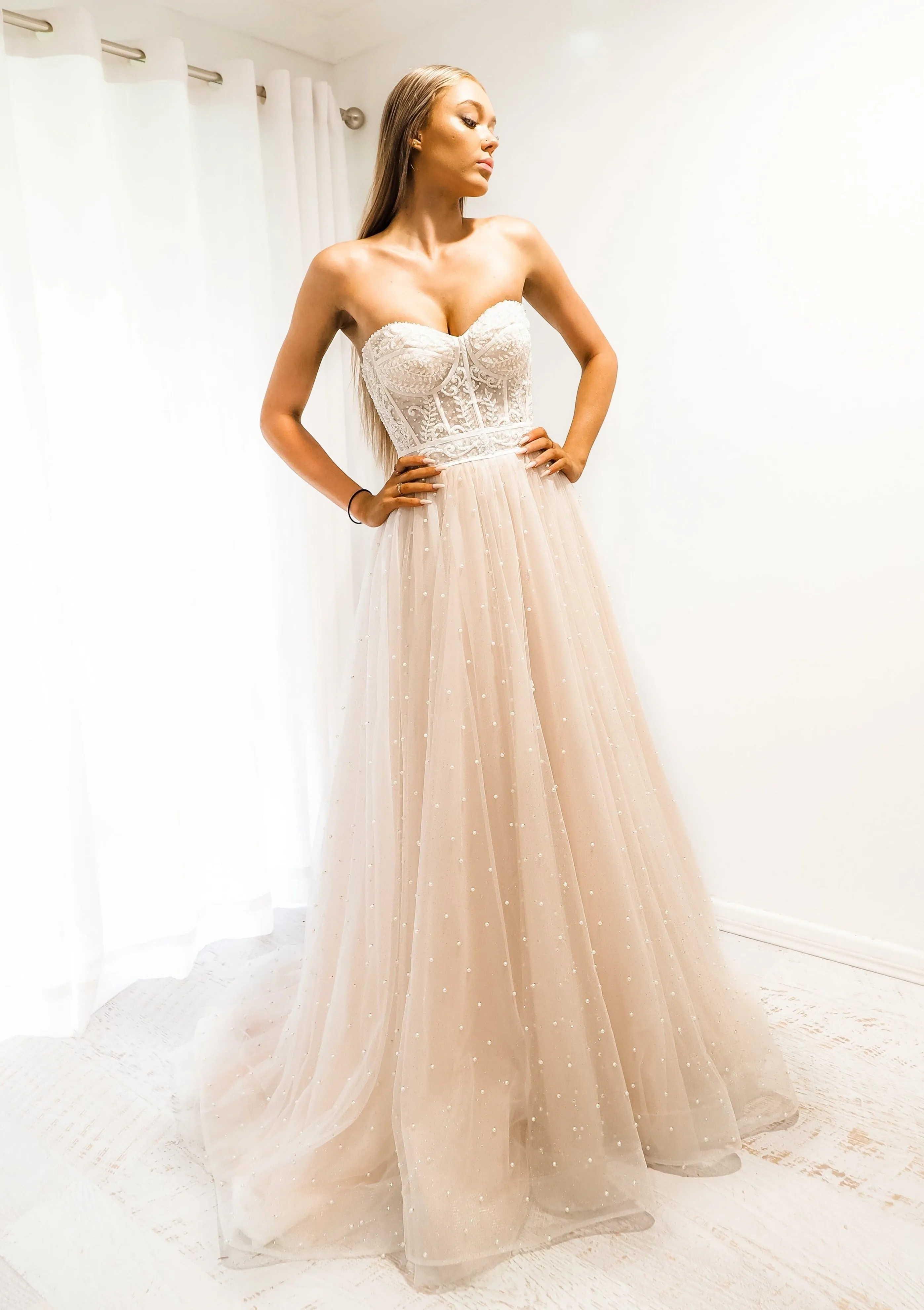 Blush tulle bustier corset dress for hire