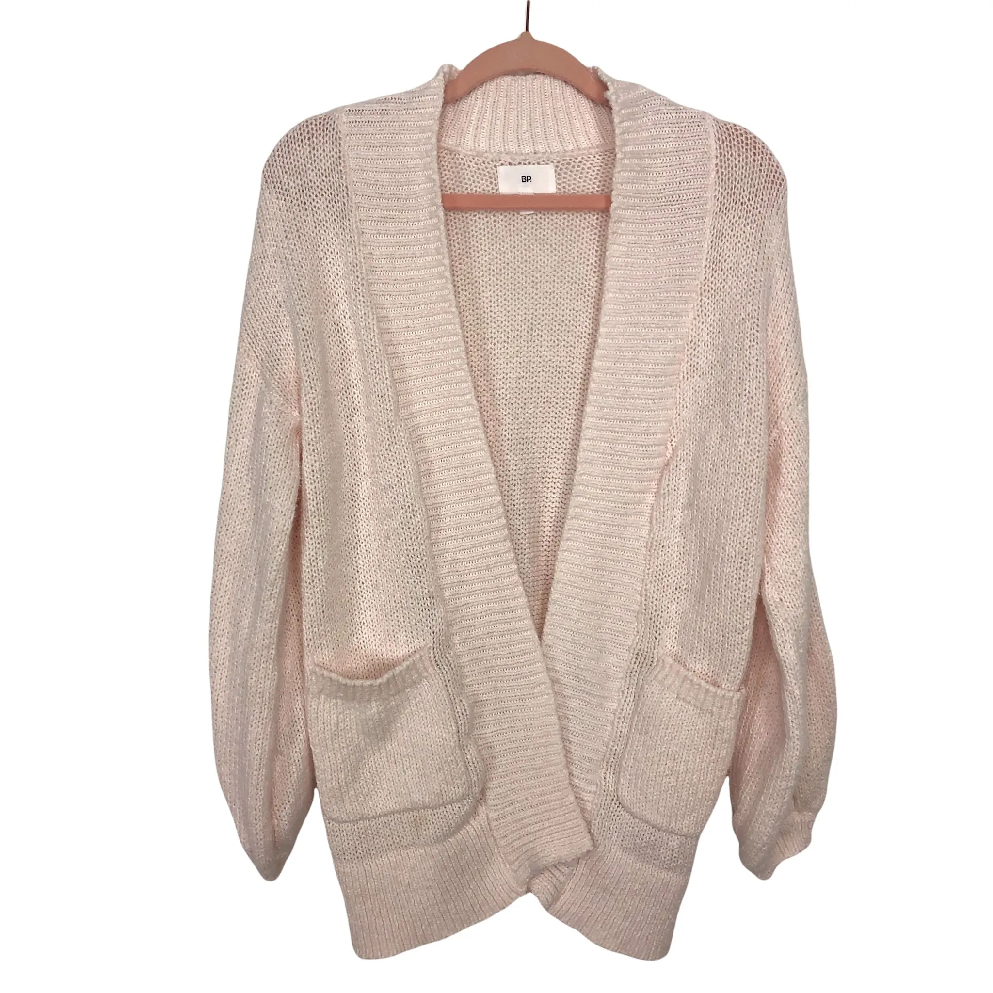 BP Soft Pink Knitted Bubble Sleeve Cardigan With Pockets- Size S