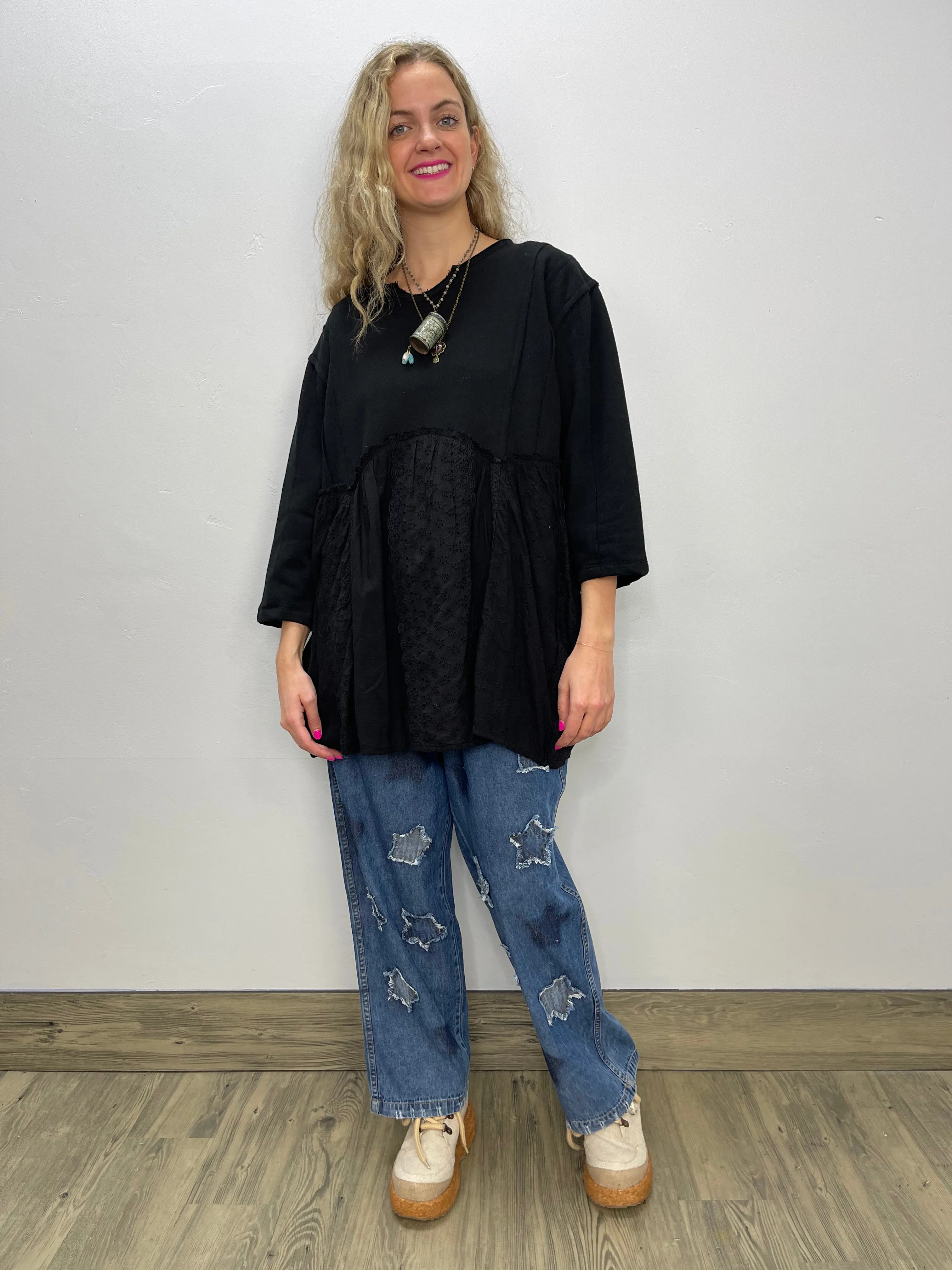 Charcoal Fleece Lace Bracelet Sleeve Tunic