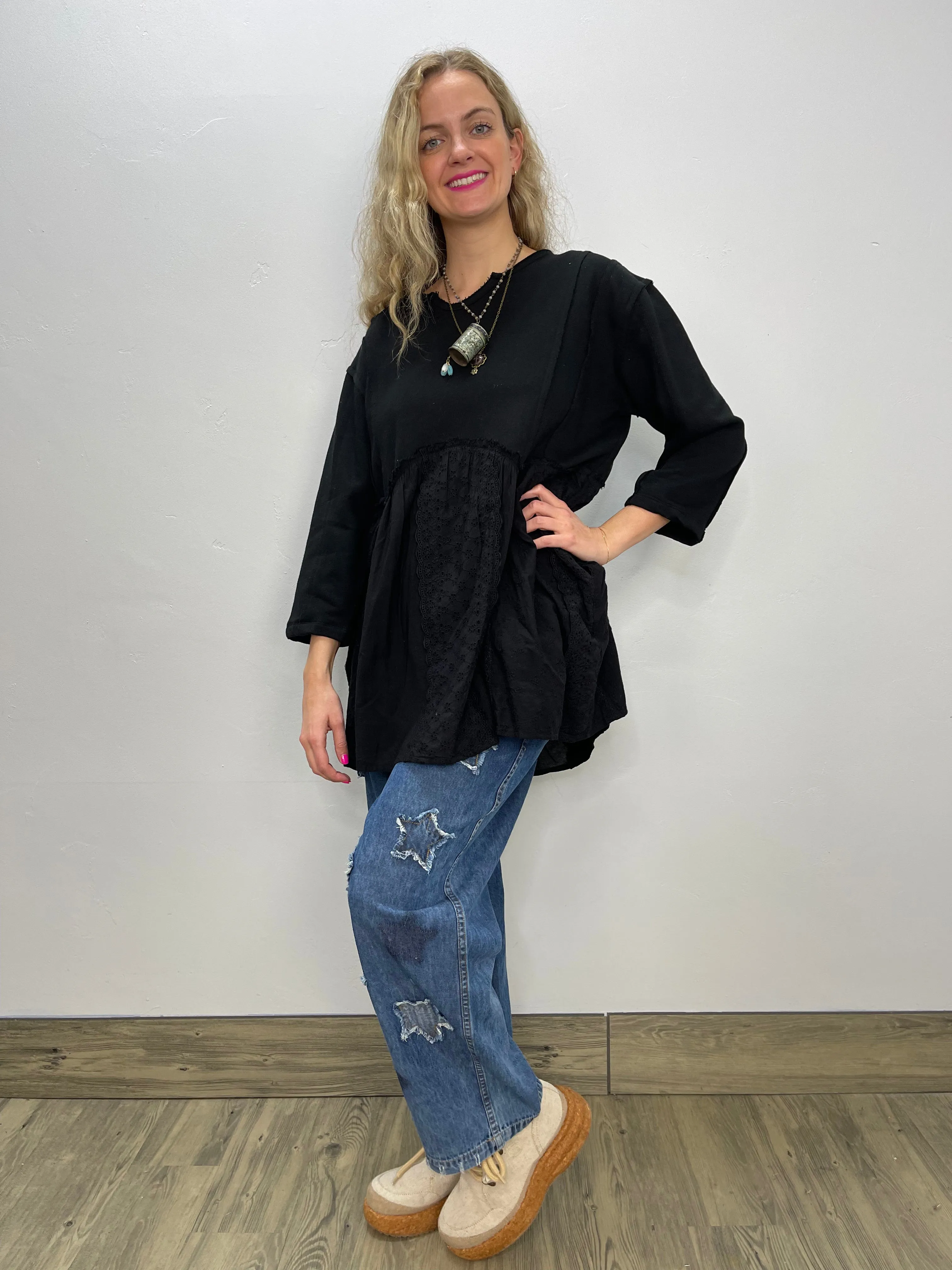 Charcoal Fleece Lace Bracelet Sleeve Tunic