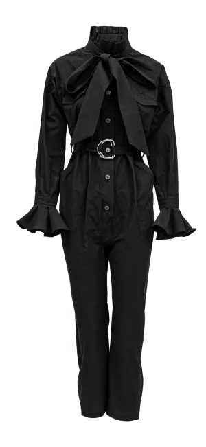 Chesney - Cotton Jumpsuit W/ Pleated Collar & Long Bow Tie