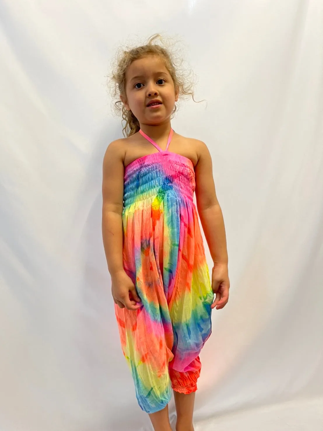Children's Tie Dye Harem Jumpsuit - Neon Rainbow