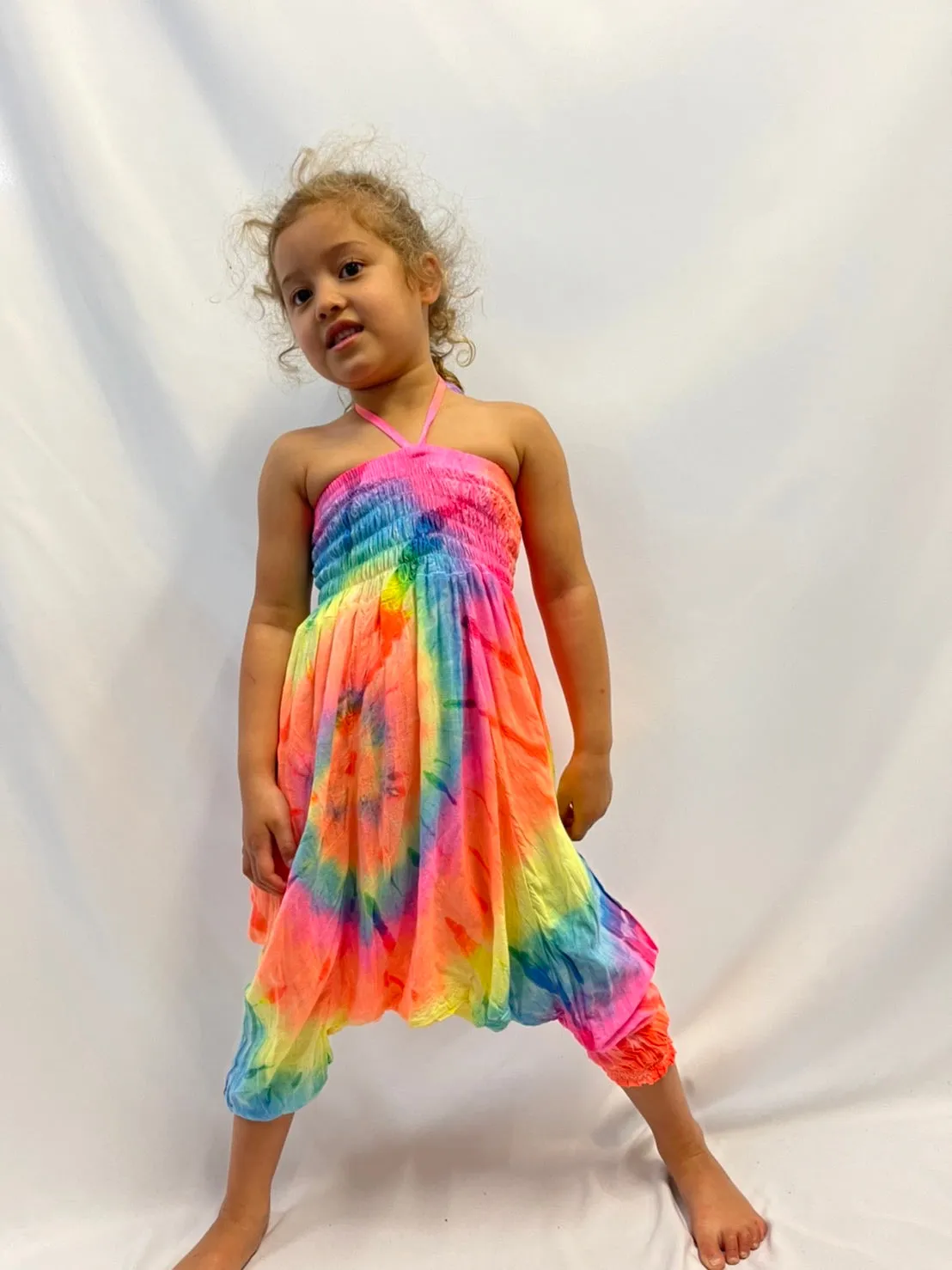 Children's Tie Dye Harem Jumpsuit - Neon Rainbow