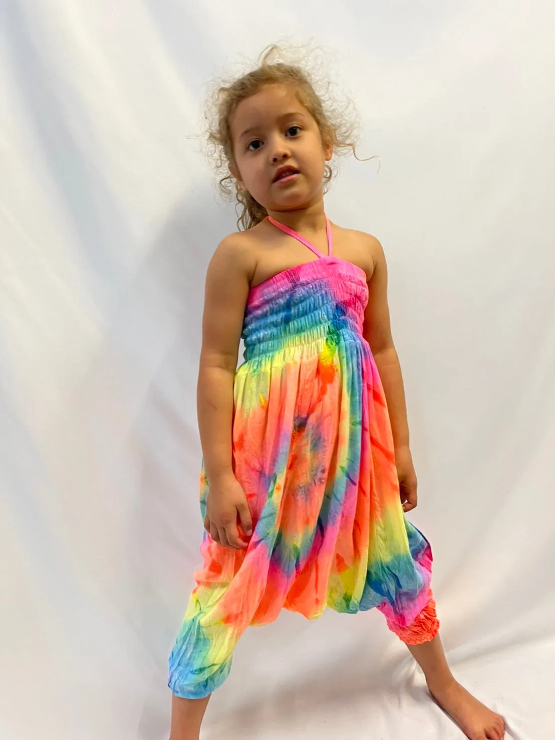 Children's Tie Dye Harem Jumpsuit - Neon Rainbow
