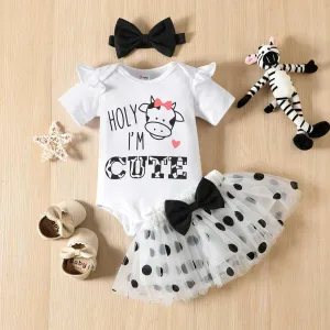 Cotton Ruffle Short-sleeve Romper & Polka Dots Mesh Skirt Set with Headband - Baby Girl (3Pcs)