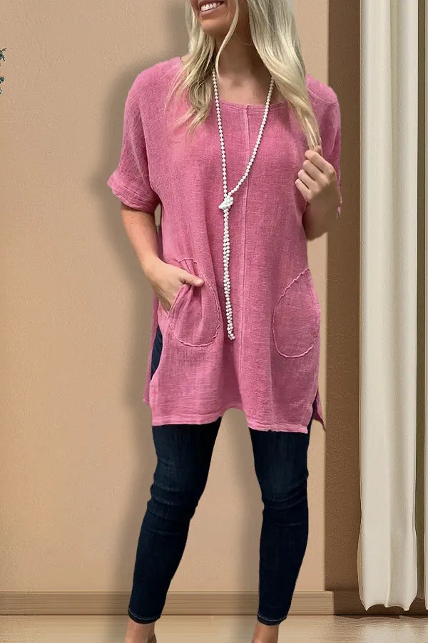 Dunnmall Basic Solid Pocket Round Neck T-shirt