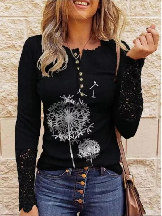 Dunnmall Casual Stitching Button Long Sleeve T-shirt